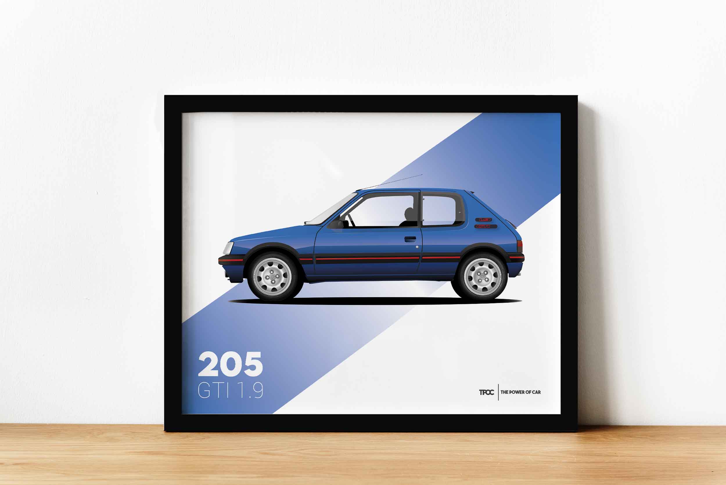 AFFICHE PEUGEOT 205 GTI - BLEU MIAMI